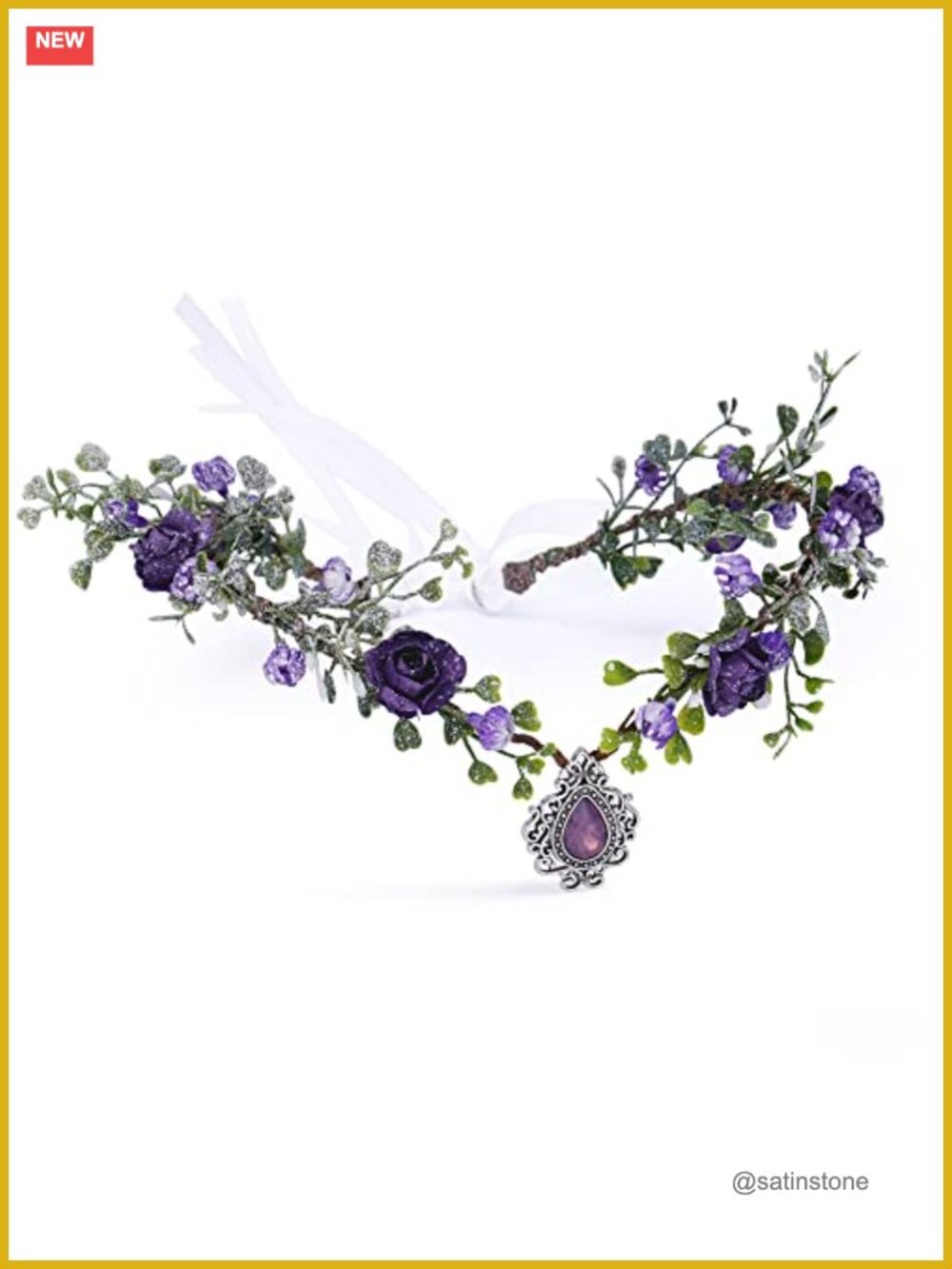 Handcrafted Flower Crown Headband with Crystal Charms and Ribbon